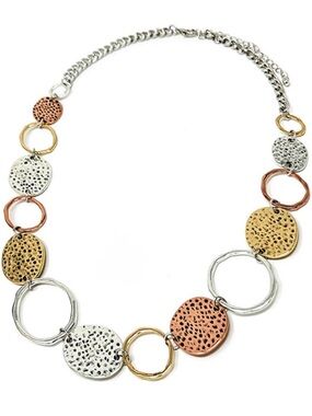Mixed Metal Medallion Statement Necklace Hammered